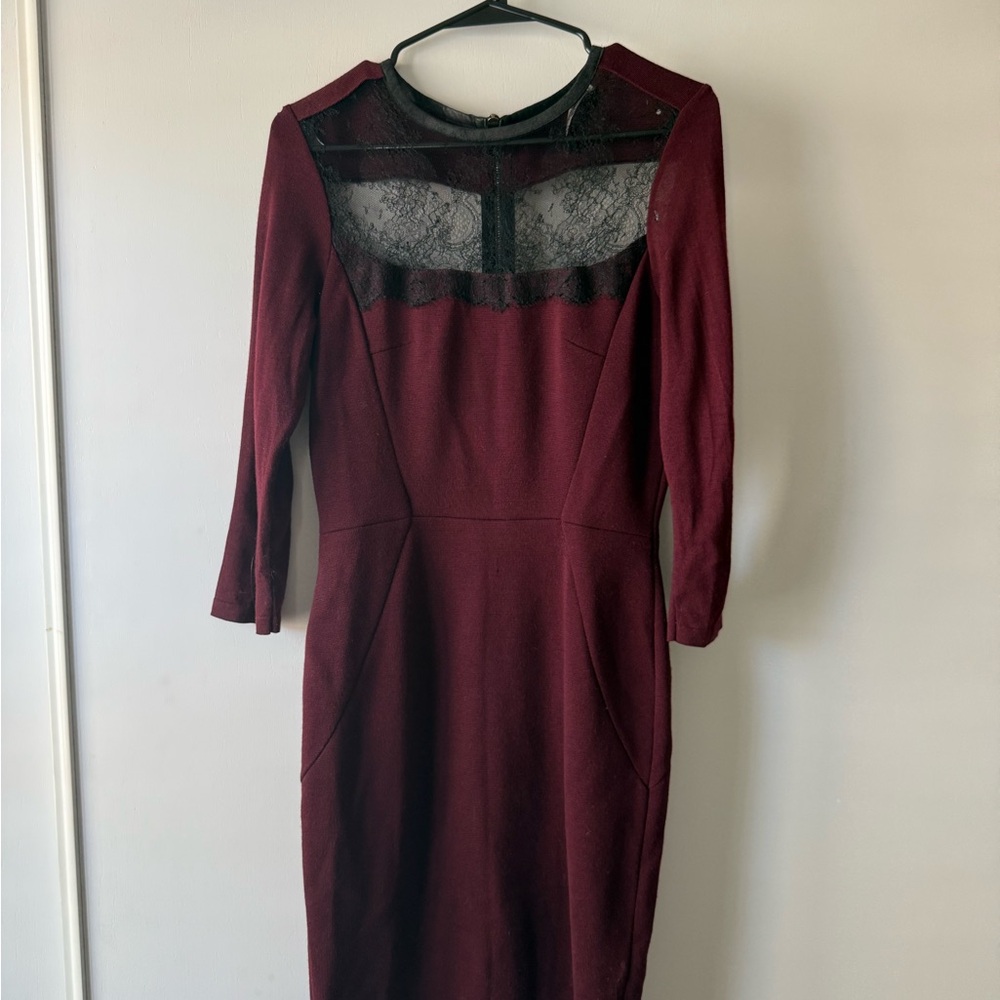 Chic Long Sleeve Burgundy Dress with Lace Detail